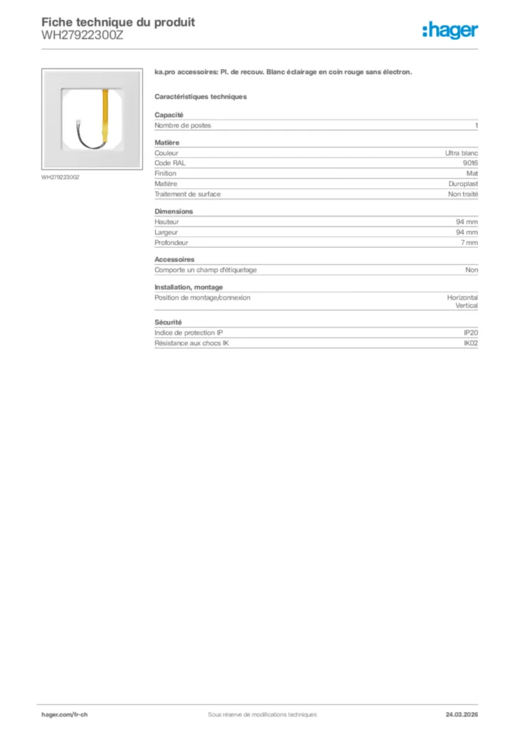 Image Hager Fiche technique du produit WH27922300Z | Hager Suisse
