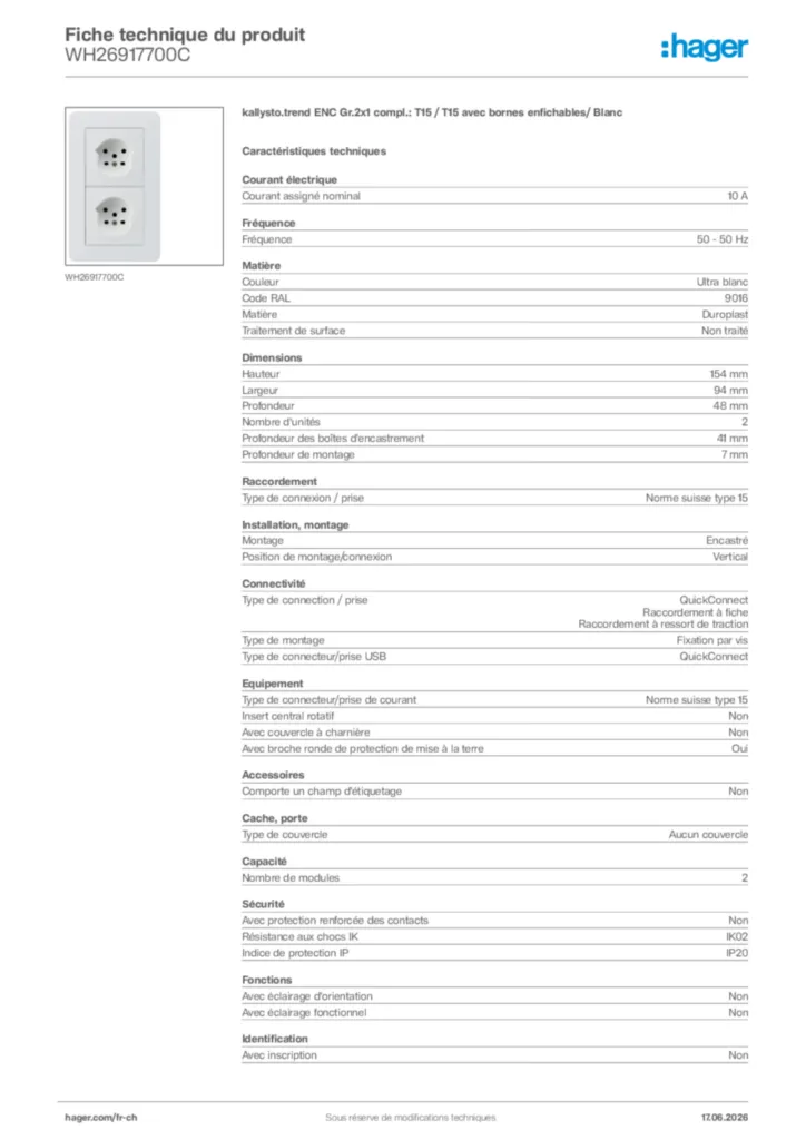 Image Hager Fiche technique du produit WH26917700C | Hager Suisse