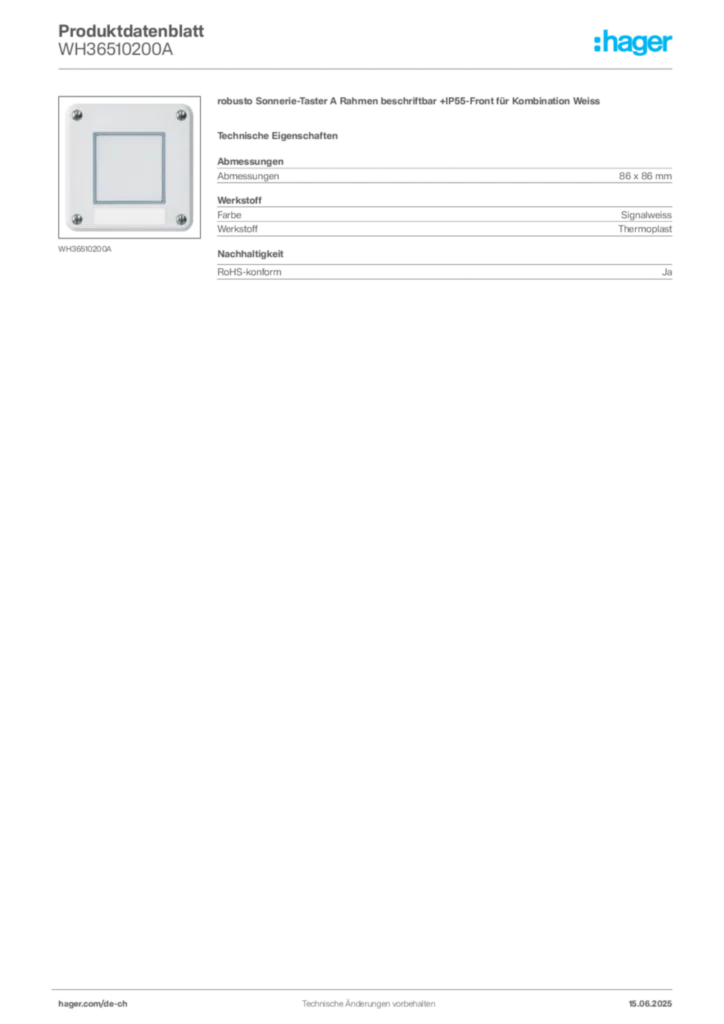 Bild Hager Produktdatenblatt WH36510200A | Hager Schweiz