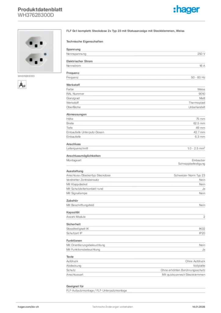 Bild Hager Produktdatenblatt WH37628300D | Hager Schweiz
