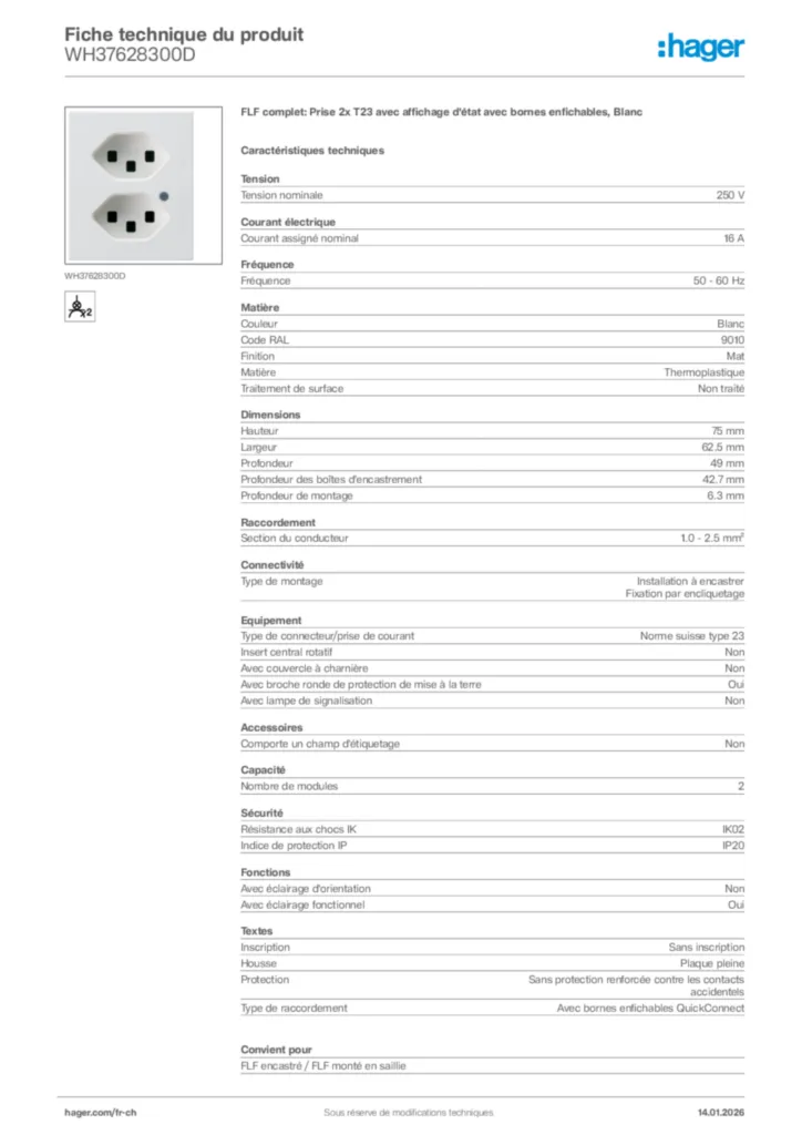Image Hager Fiche technique du produit WH37628300D | Hager Suisse