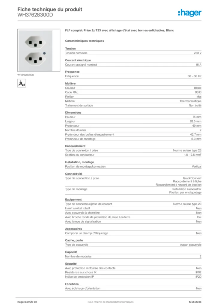 Image Hager Fiche technique du produit WH37628300D | Hager Suisse