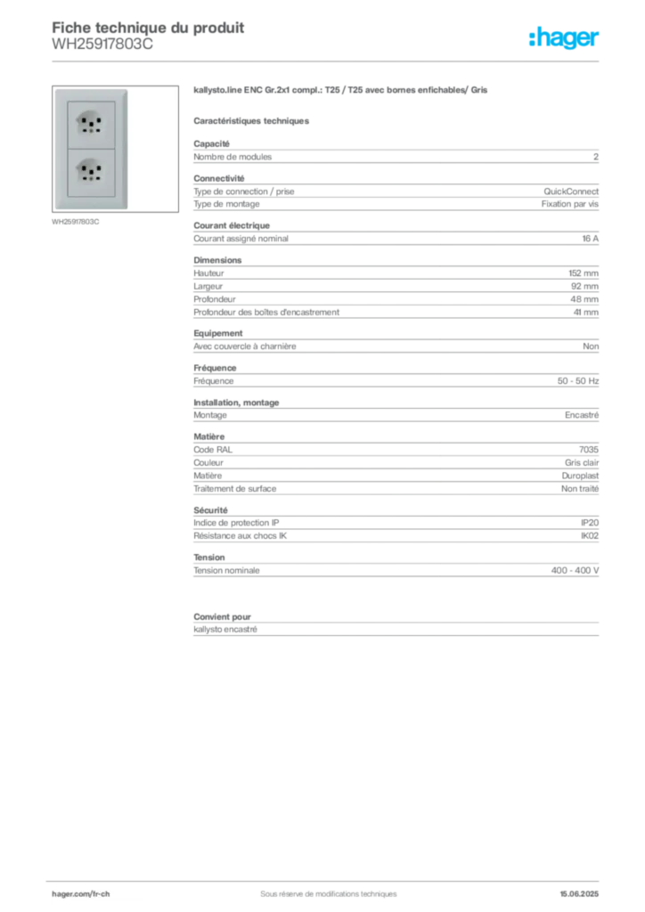Image Hager Fiche technique du produit WH25917803C | Hager Suisse