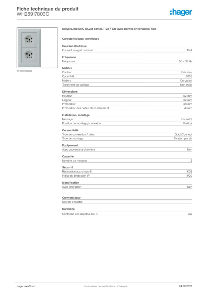 Image Hager Fiche technique du produit WH25917803C | Hager Suisse