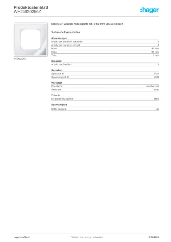 Bild Hager Produktdatenblatt WH24920255Z | Hager Schweiz