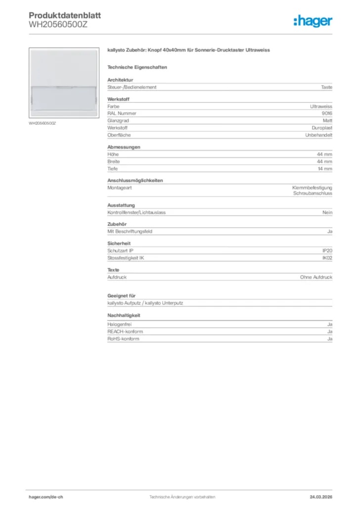 Bild Hager Produktdatenblatt WH20560500Z | Hager Schweiz