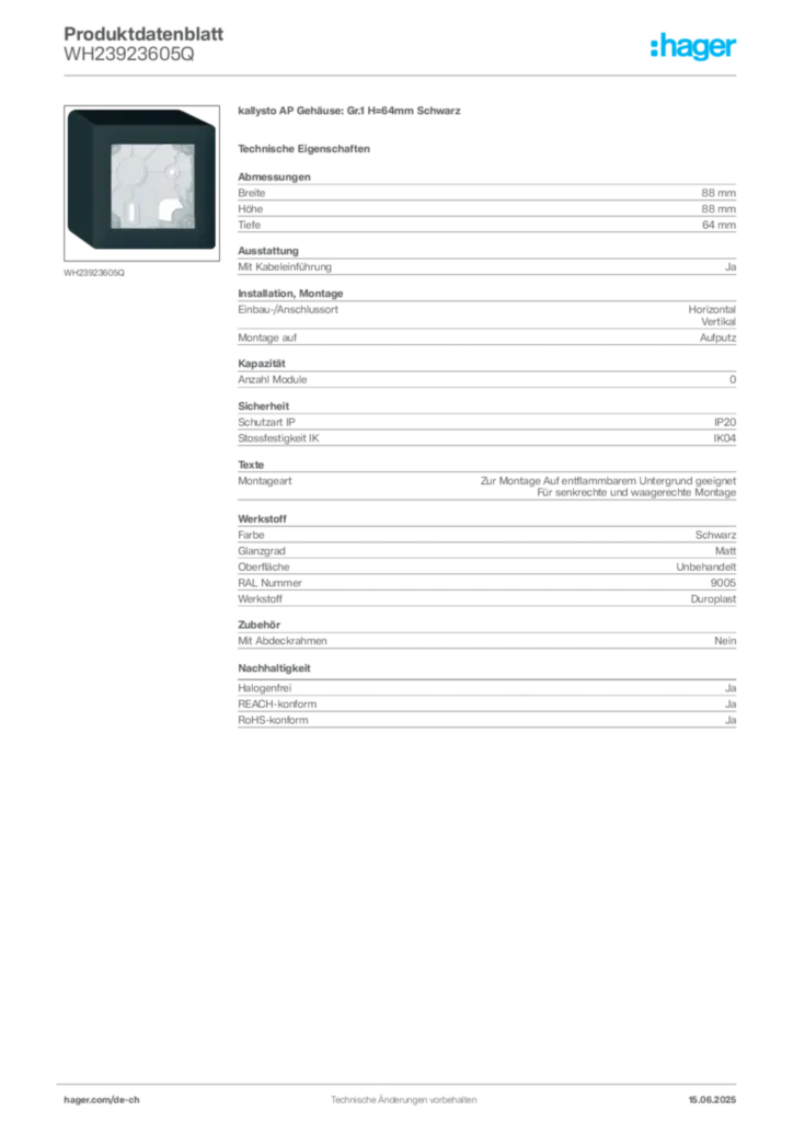 Bild Hager Produktdatenblatt WH23923605Q | Hager Schweiz