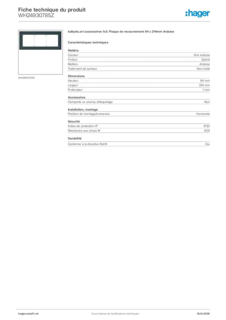 Image Hager Fiche technique du produit WH24930785Z | Hager Suisse