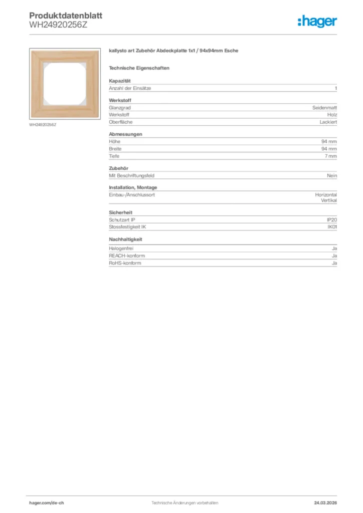 Bild Hager Produktdatenblatt WH24920256Z | Hager Schweiz