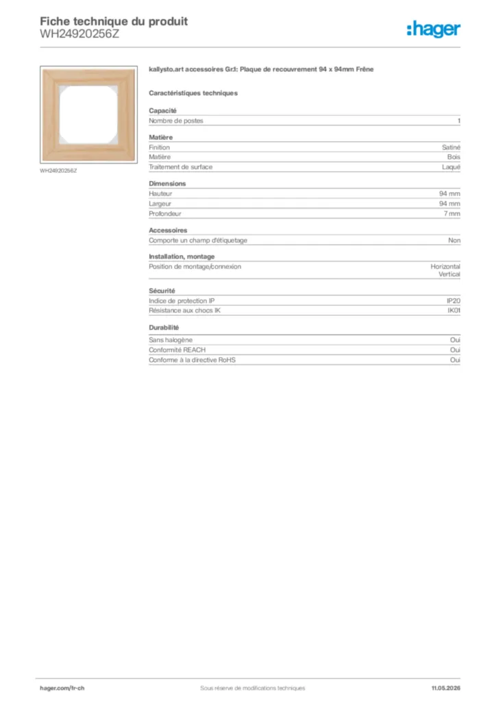 Image Hager Fiche technique du produit WH24920256Z | Hager Suisse