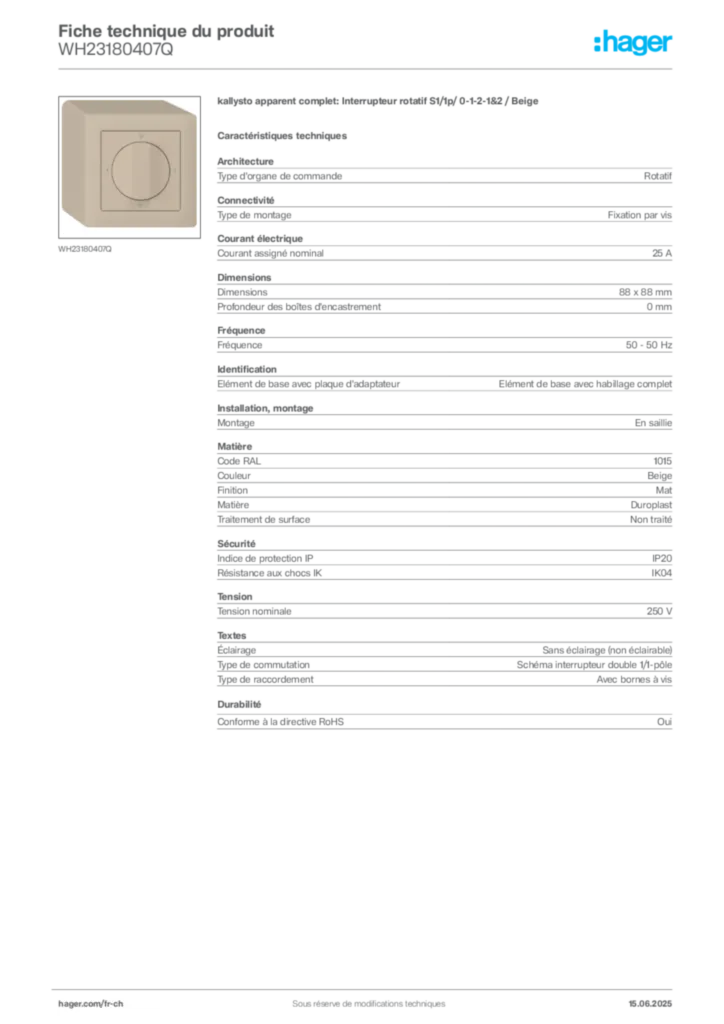 Image Hager Fiche technique du produit WH23180407Q | Hager Suisse