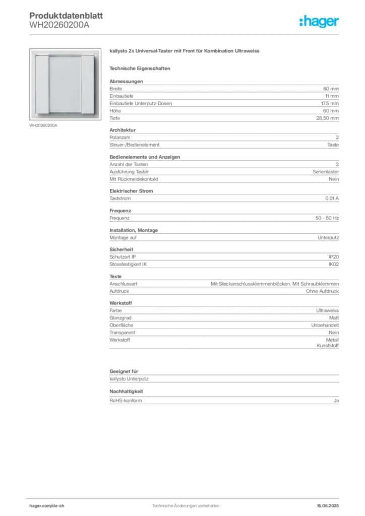 Bild Hager Produktdatenblatt WH20260200A | Hager Schweiz