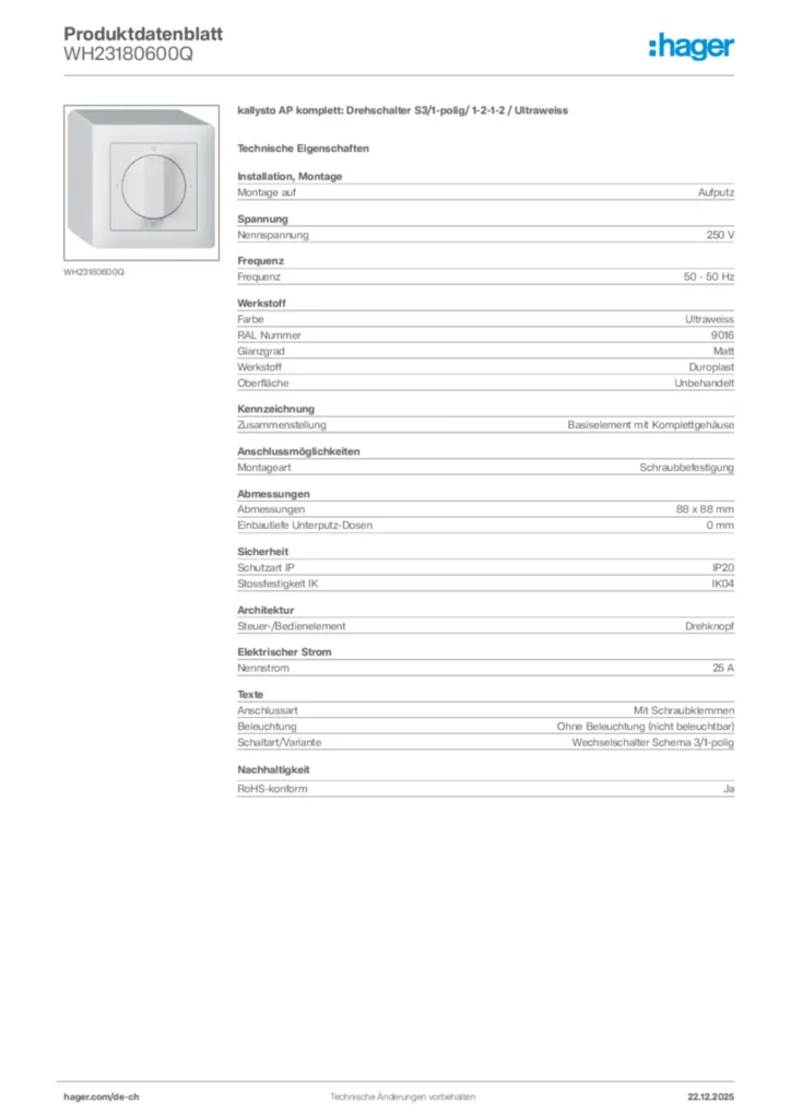 Bild Hager Produktdatenblatt WH23180600Q | Hager Schweiz