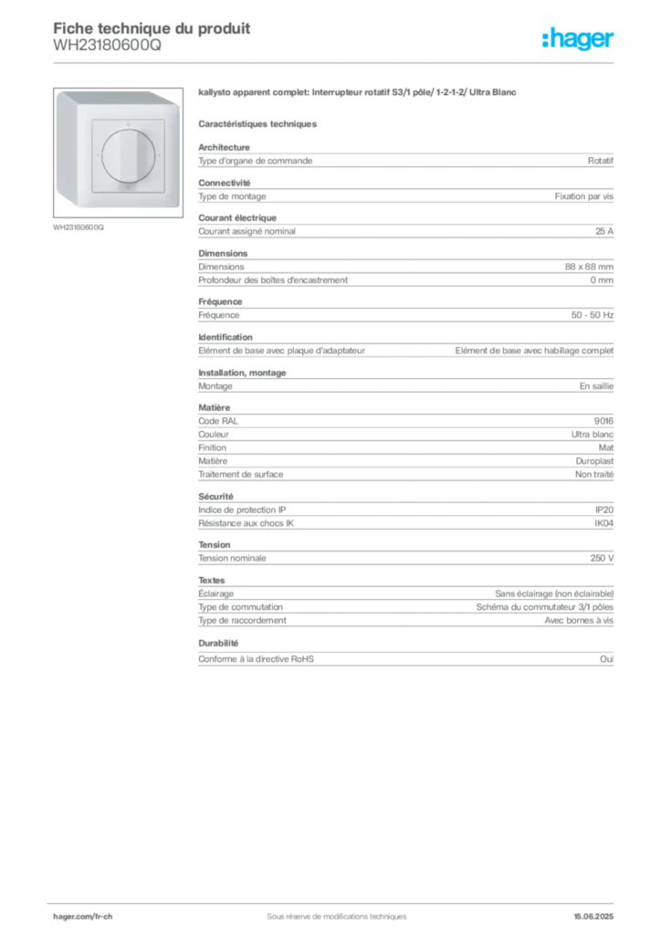 Image Hager Fiche technique du produit WH23180600Q | Hager Suisse