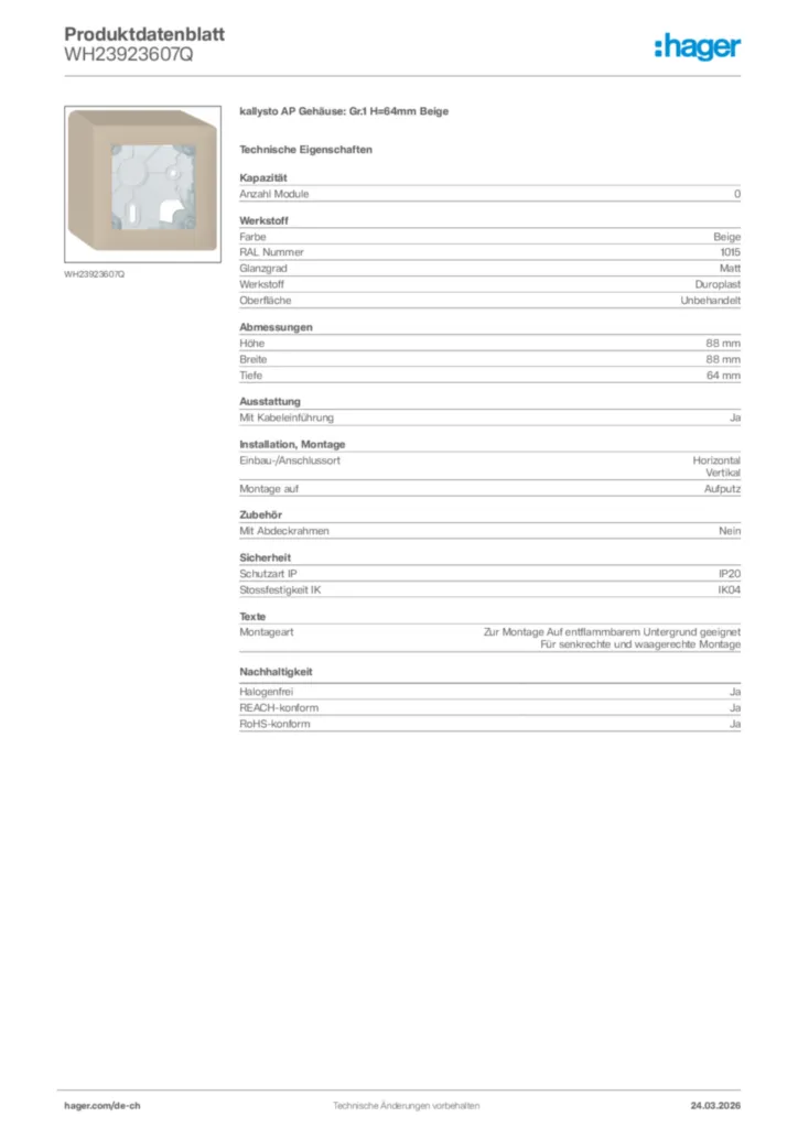 Bild Hager Produktdatenblatt WH23923607Q | Hager Schweiz