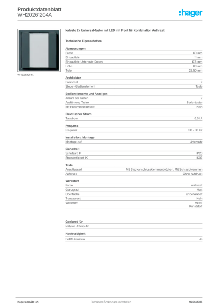 Bild Hager Produktdatenblatt WH20261204A | Hager Schweiz