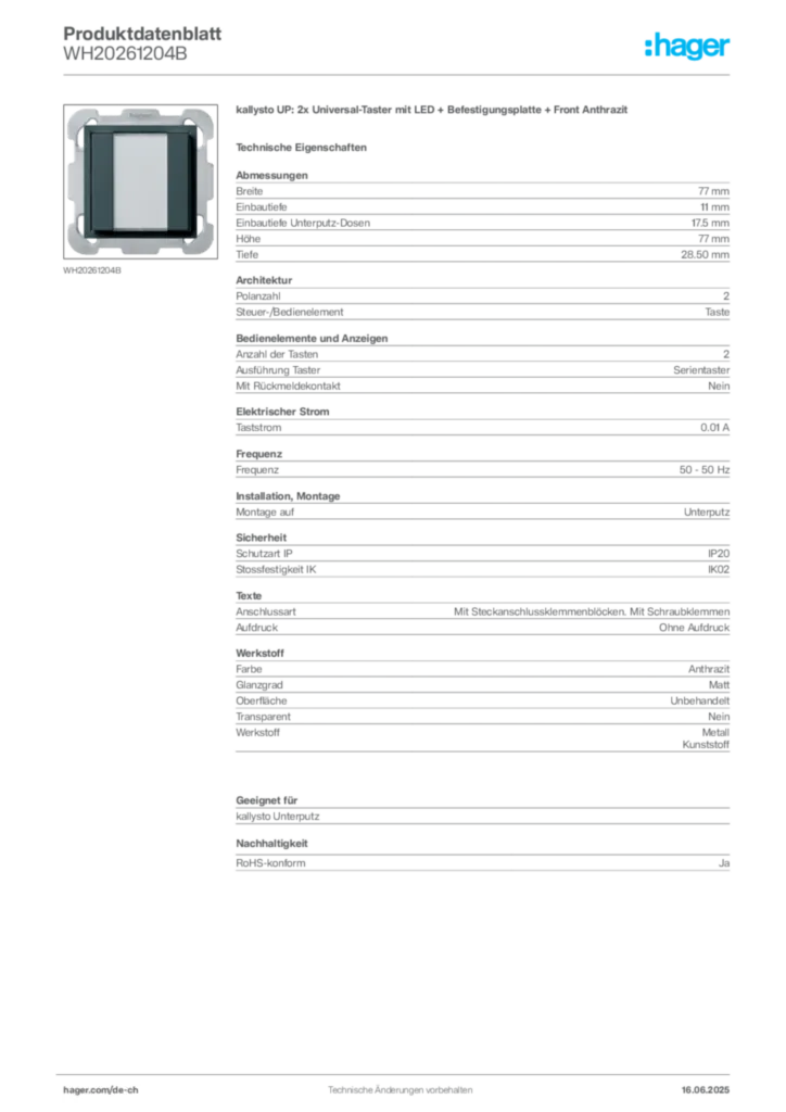 Bild Hager Produktdatenblatt WH20261204B | Hager Schweiz