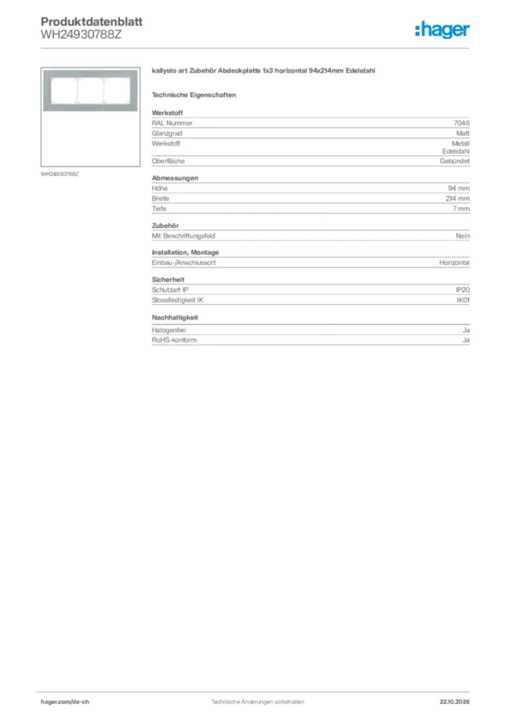 Bild Hager Produktdatenblatt WH24930788Z | Hager Schweiz