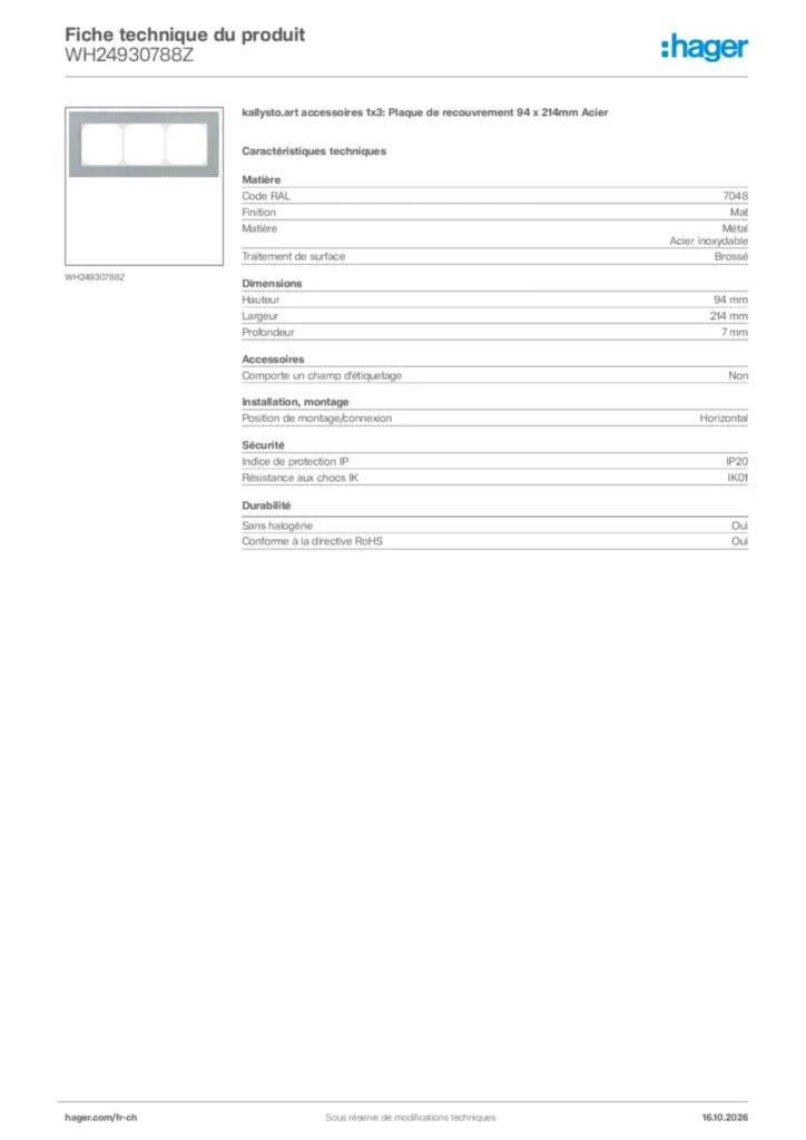 Image Hager Fiche technique du produit WH24930788Z | Hager Suisse