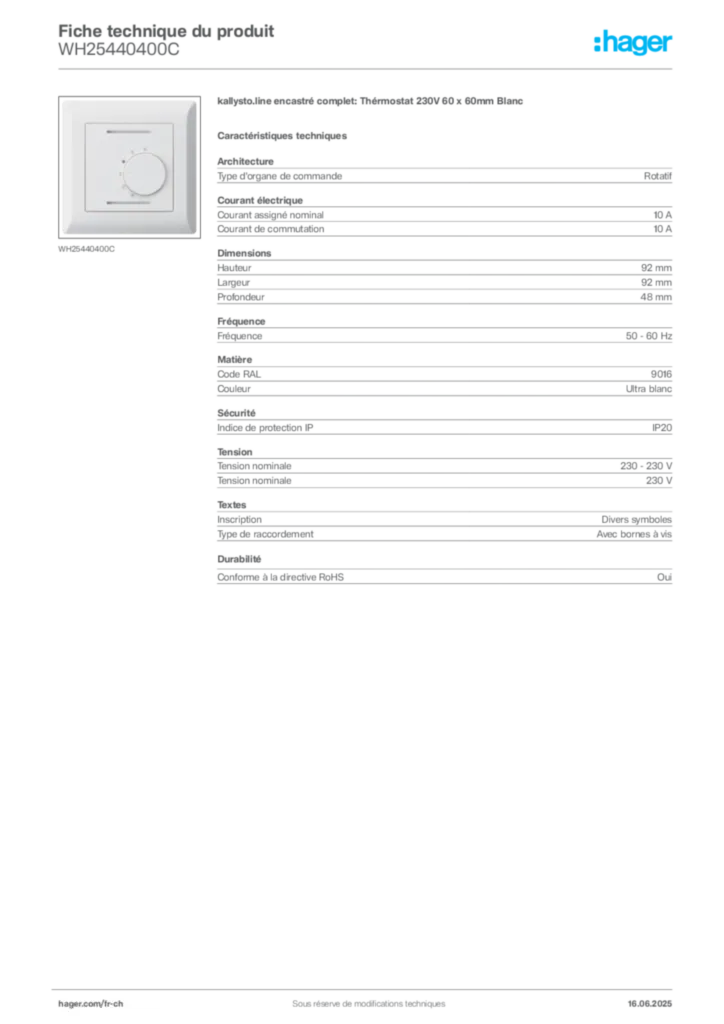 Image Hager Fiche technique du produit WH25440400C | Hager Suisse