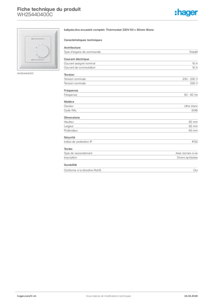 Image Hager Fiche technique du produit WH25440400C | Hager Suisse