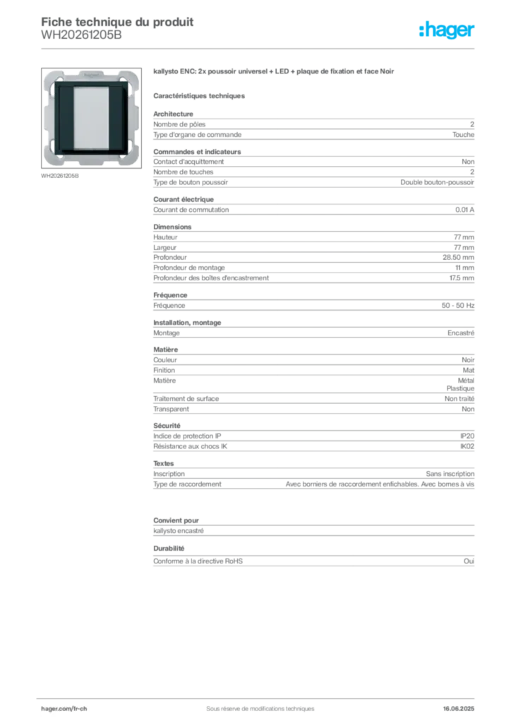 Image Hager Fiche technique du produit WH20261205B | Hager Suisse