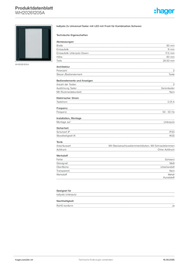 Bild Hager Produktdatenblatt WH20261205A | Hager Schweiz