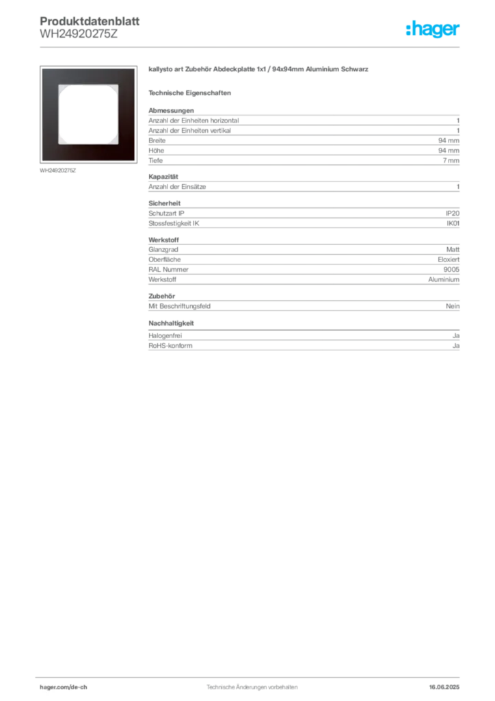 Bild Hager Produktdatenblatt WH24920275Z | Hager Schweiz