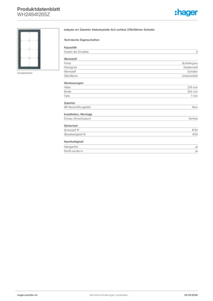 Bild Hager Produktdatenblatt WH24941285Z | Hager Schweiz