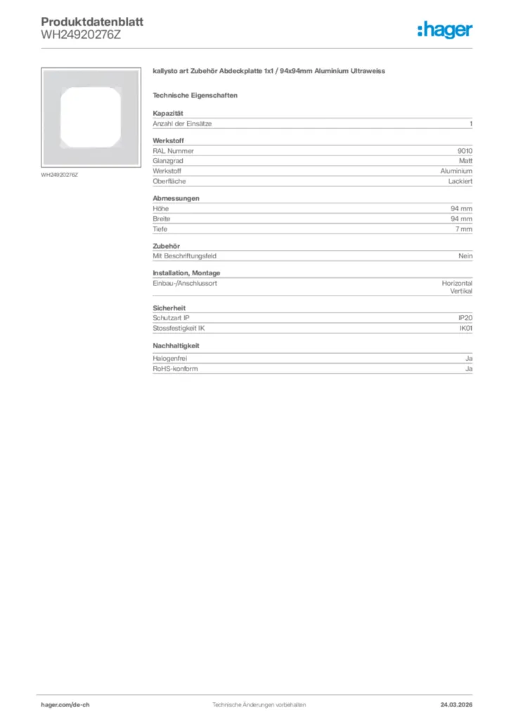 Bild Hager Produktdatenblatt WH24920276Z | Hager Schweiz