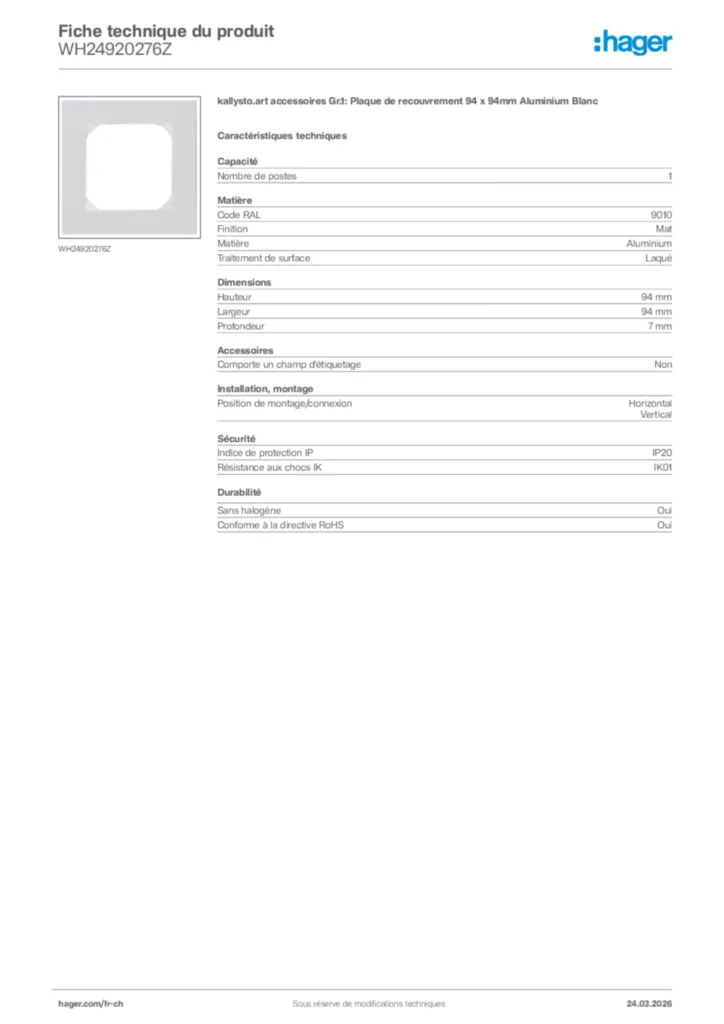 Image Hager Fiche technique du produit WH24920276Z | Hager Suisse