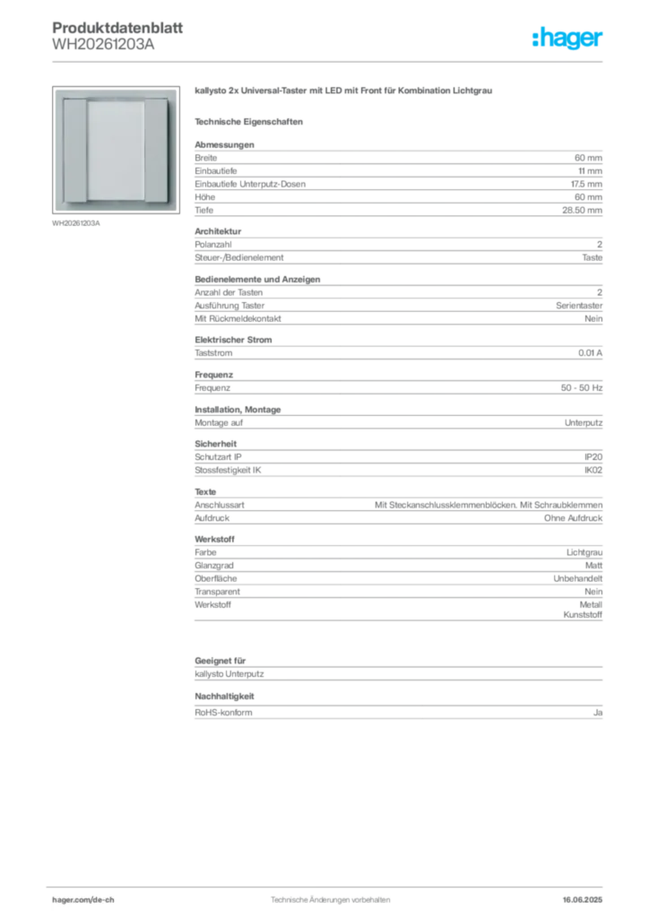 Bild Hager Produktdatenblatt WH20261203A | Hager Schweiz