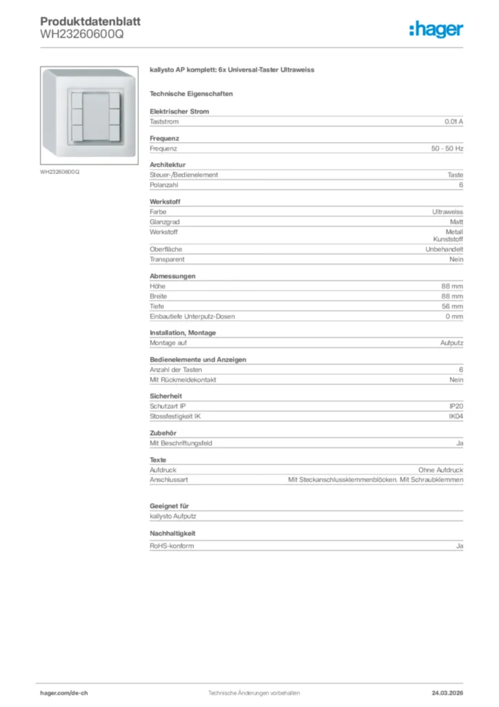 Bild Hager Produktdatenblatt WH23260600Q | Hager Schweiz
