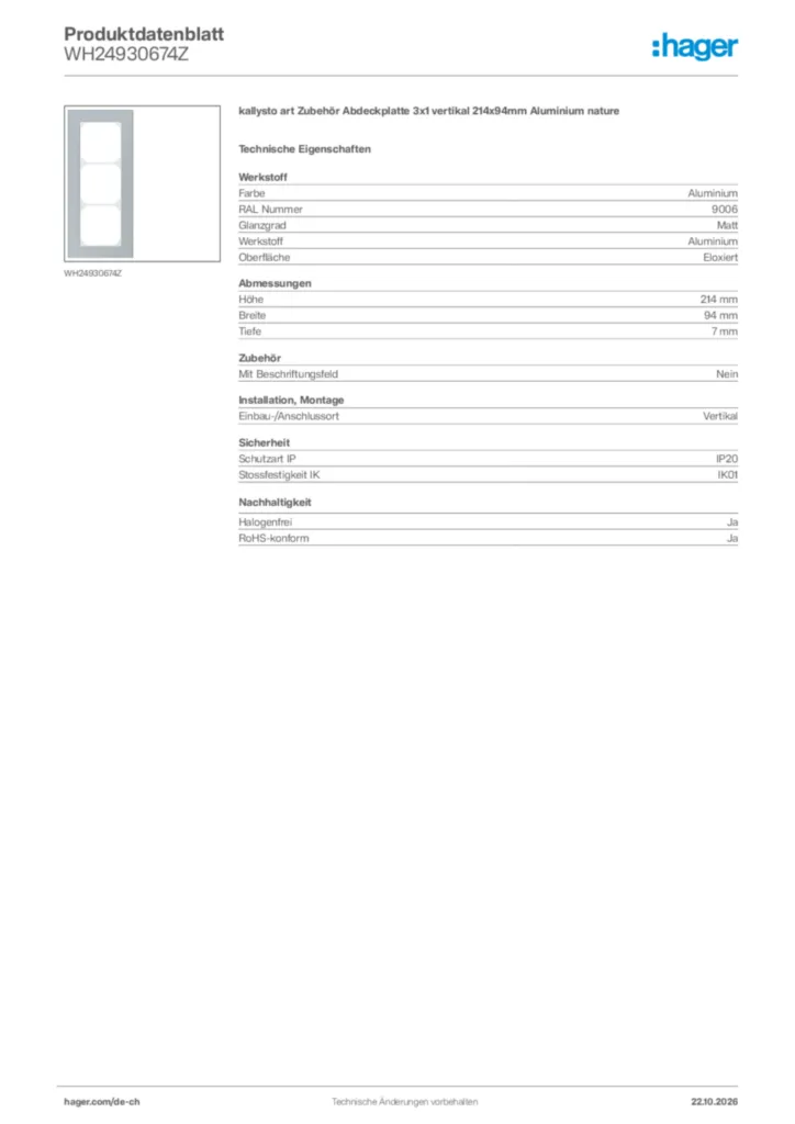 Bild Hager Produktdatenblatt WH24930674Z | Hager Schweiz