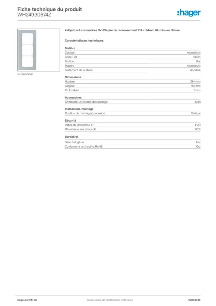 Image Hager Fiche technique du produit WH24930674Z | Hager Suisse