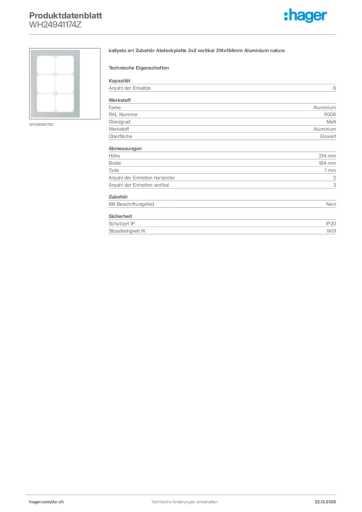 Bild Hager Produktdatenblatt WH24941174Z | Hager Schweiz