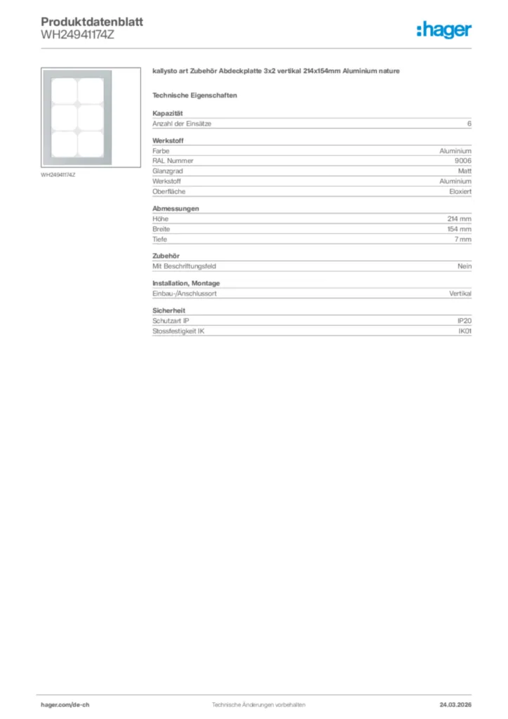 Bild Hager Produktdatenblatt WH24941174Z | Hager Schweiz