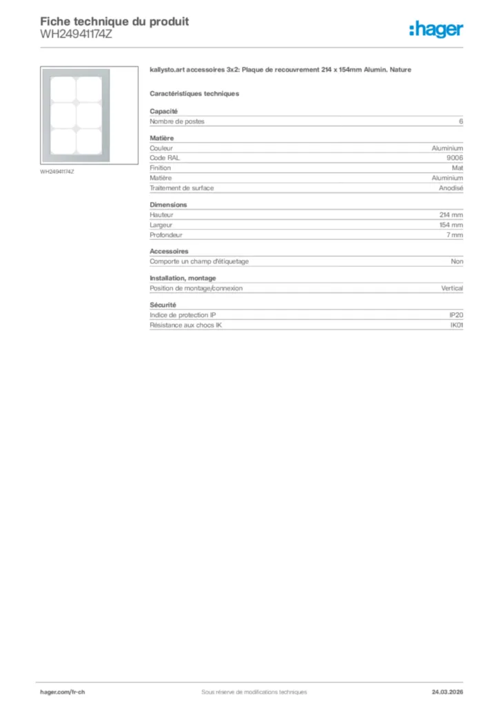 Image Hager Fiche technique du produit WH24941174Z | Hager Suisse