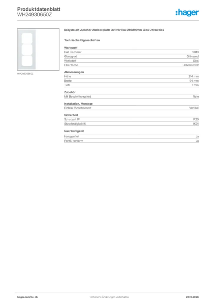 Bild Hager Produktdatenblatt WH24930650Z | Hager Schweiz