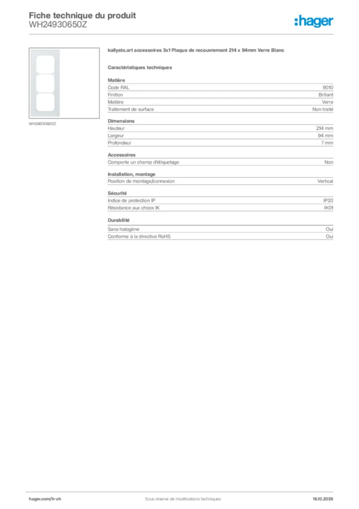 Image Hager Fiche technique du produit WH24930650Z | Hager Suisse