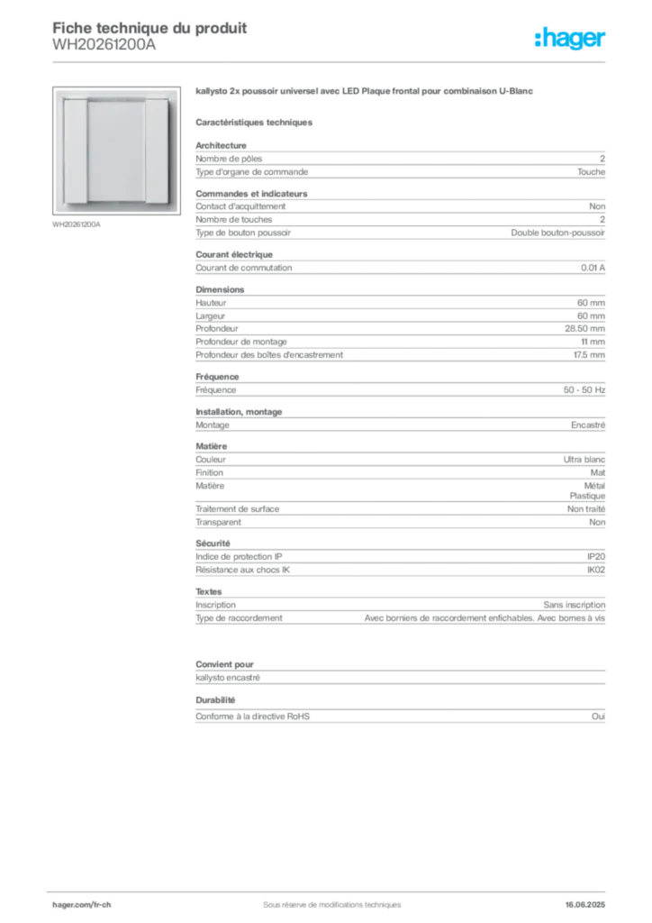 Image Hager Fiche technique du produit WH20261200A | Hager Suisse