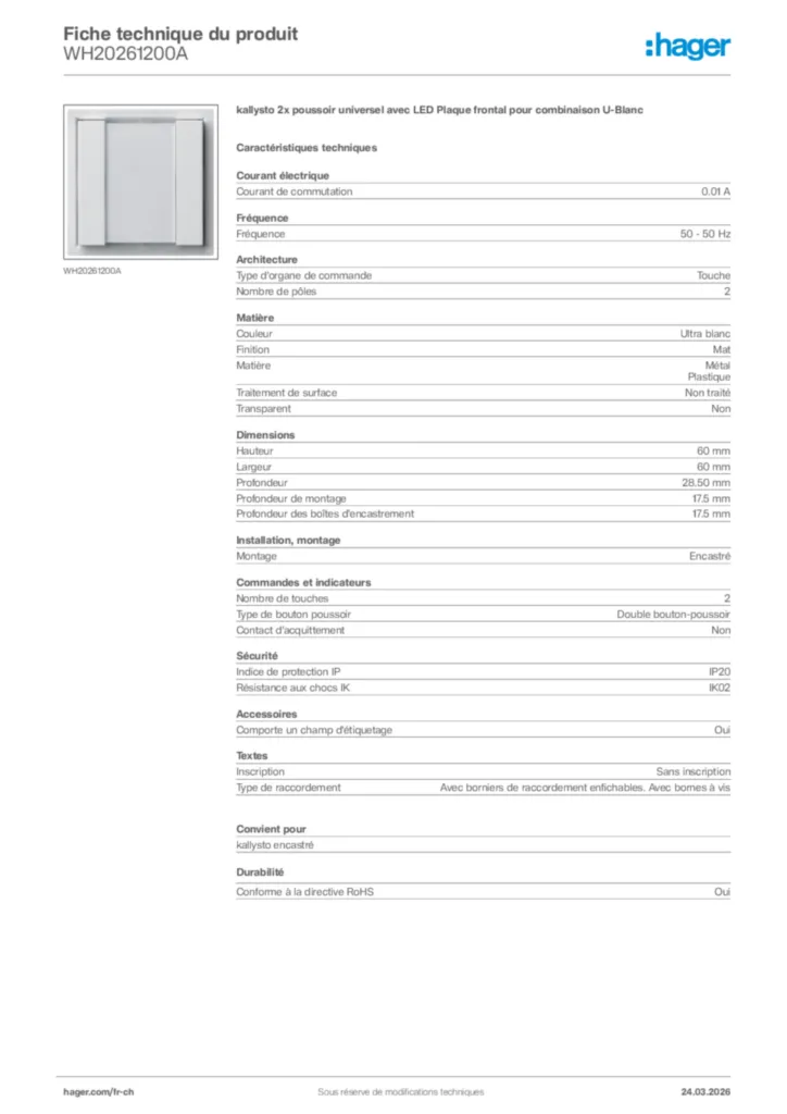 Image Hager Fiche technique du produit WH20261200A | Hager Suisse