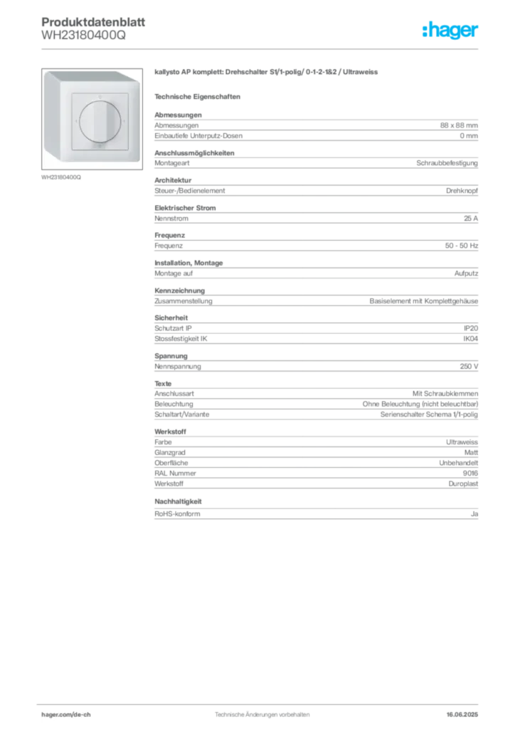 Bild Hager Produktdatenblatt WH23180400Q | Hager Schweiz