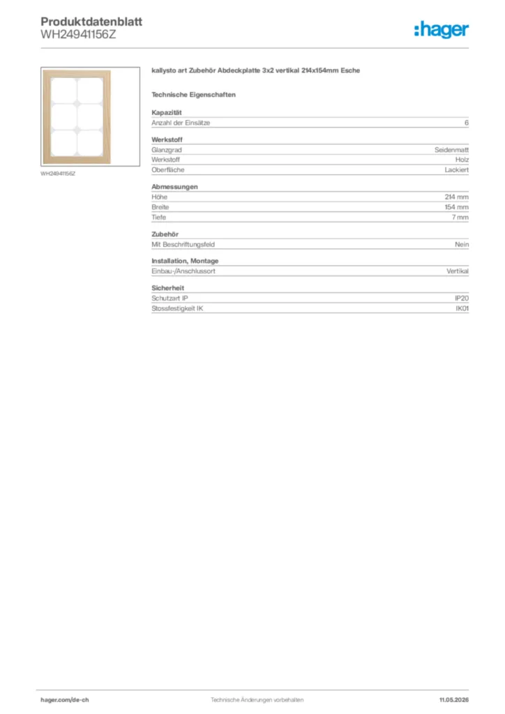 Bild Hager Produktdatenblatt WH24941156Z | Hager Schweiz