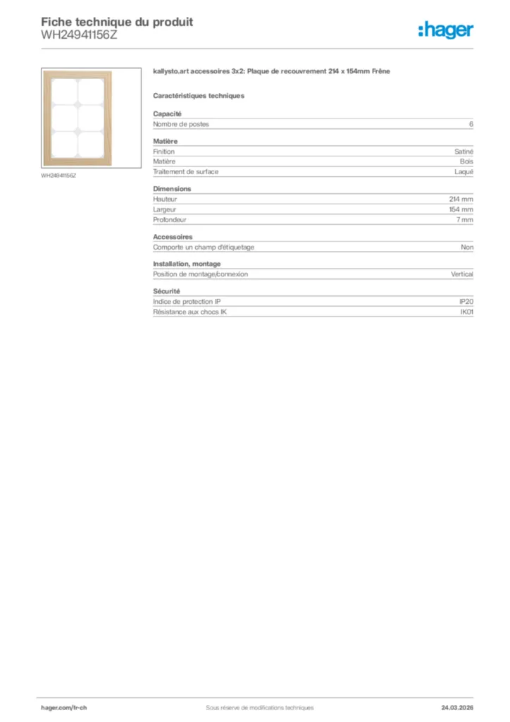 Image Hager Fiche technique du produit WH24941156Z | Hager Suisse