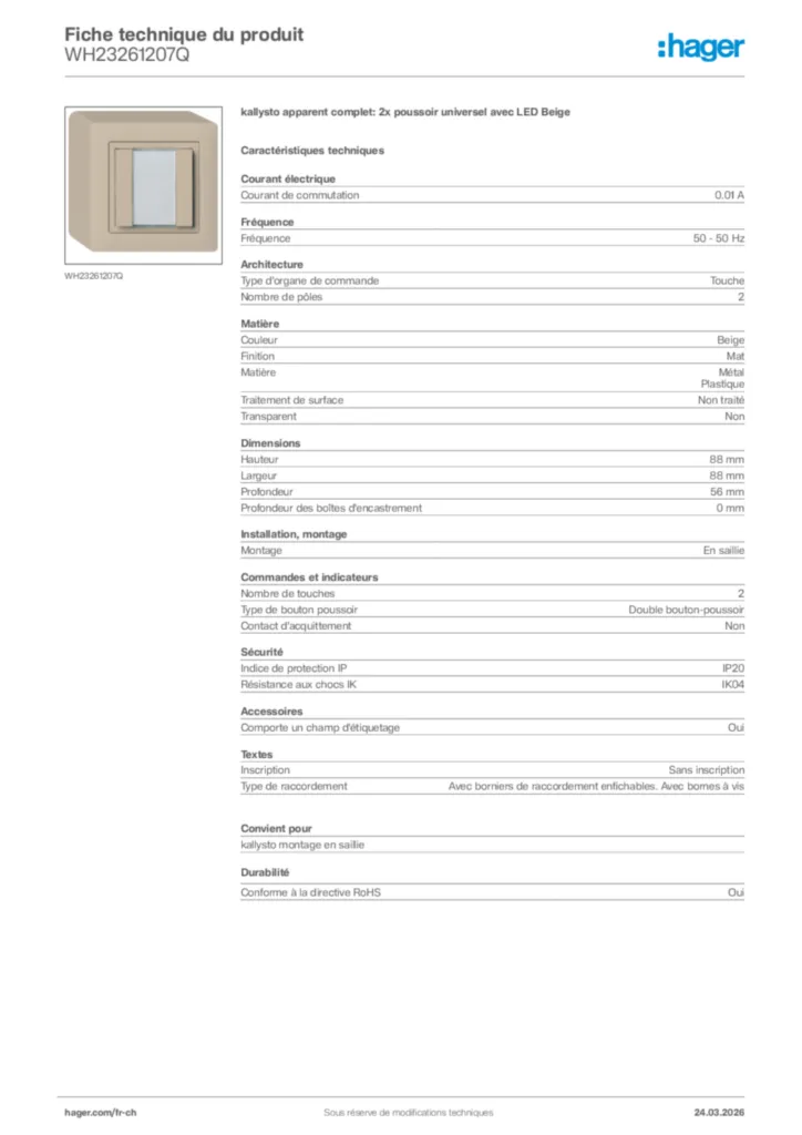 Image Hager Fiche technique du produit WH23261207Q | Hager Suisse