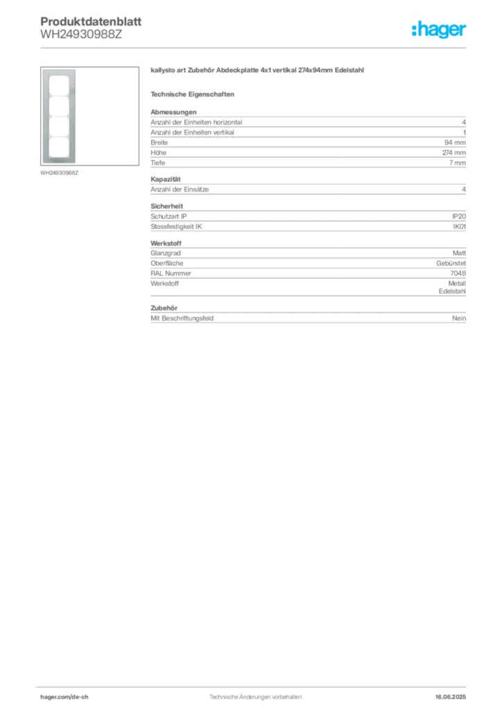 Bild Hager Produktdatenblatt WH24930988Z | Hager Schweiz
