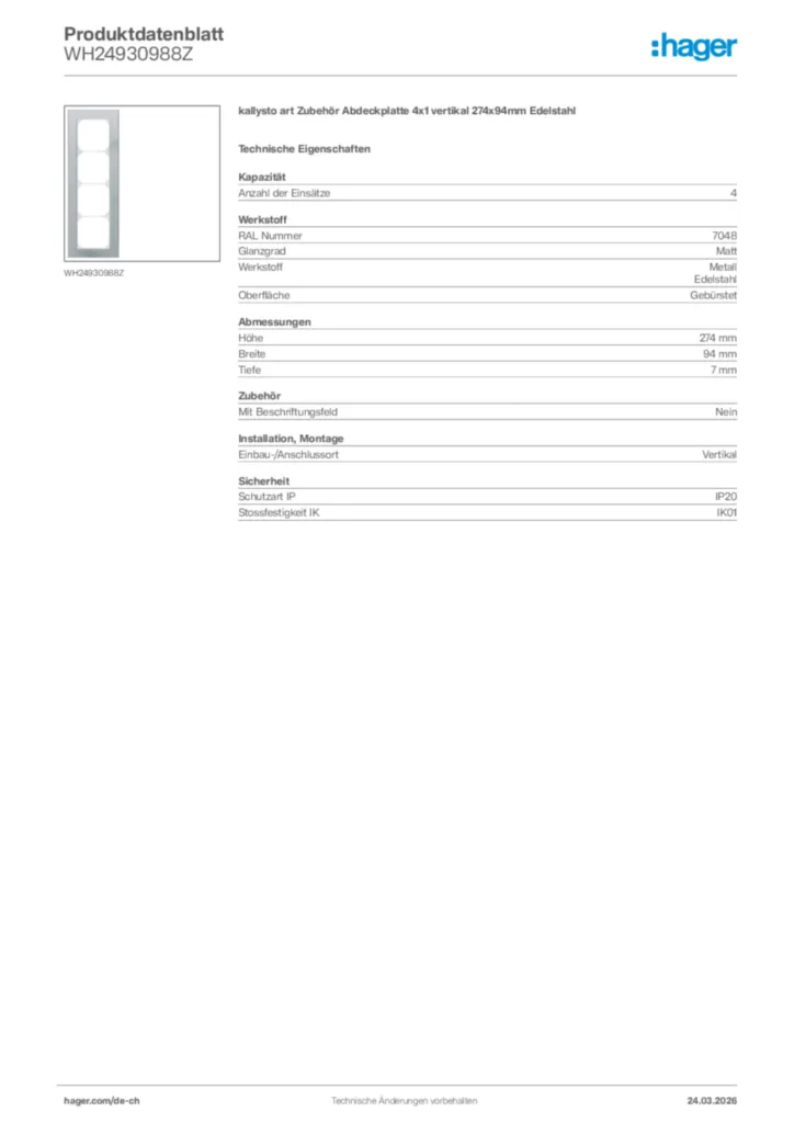 Bild Hager Produktdatenblatt WH24930988Z | Hager Schweiz