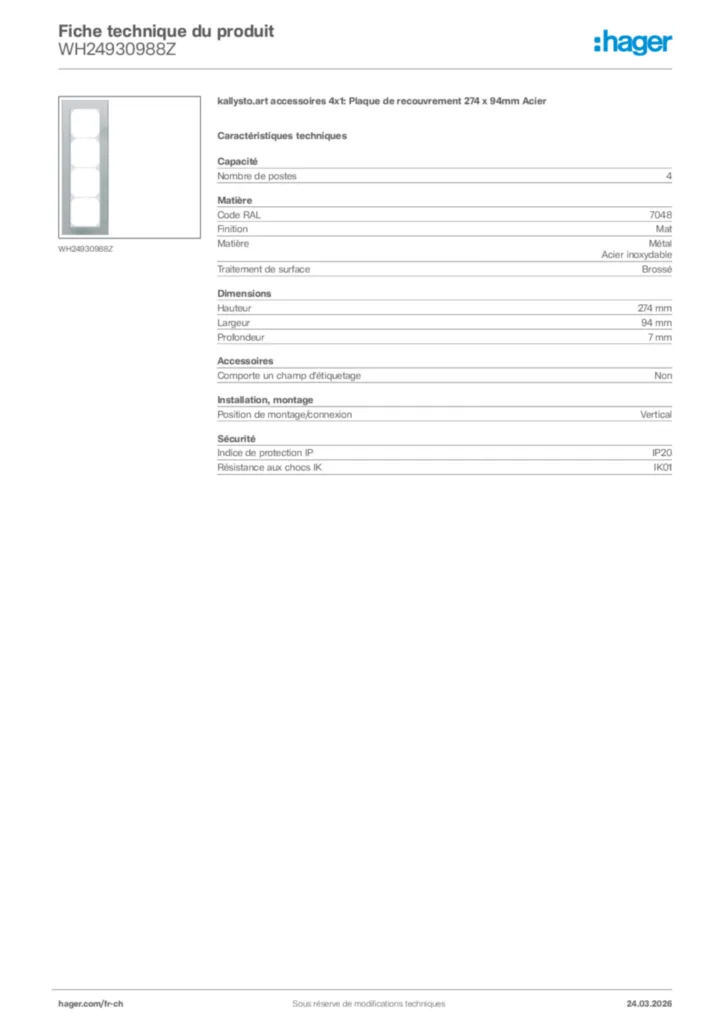 Image Hager Fiche technique du produit WH24930988Z | Hager Suisse