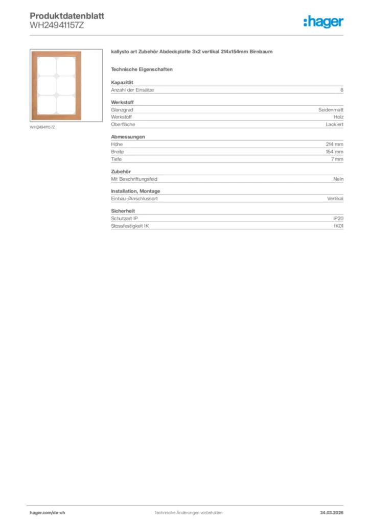 Bild Hager Produktdatenblatt WH24941157Z | Hager Schweiz